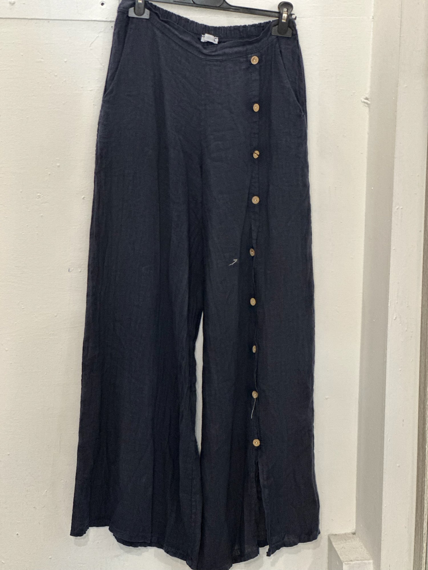 Elena Linen Button Front Pants in Navy