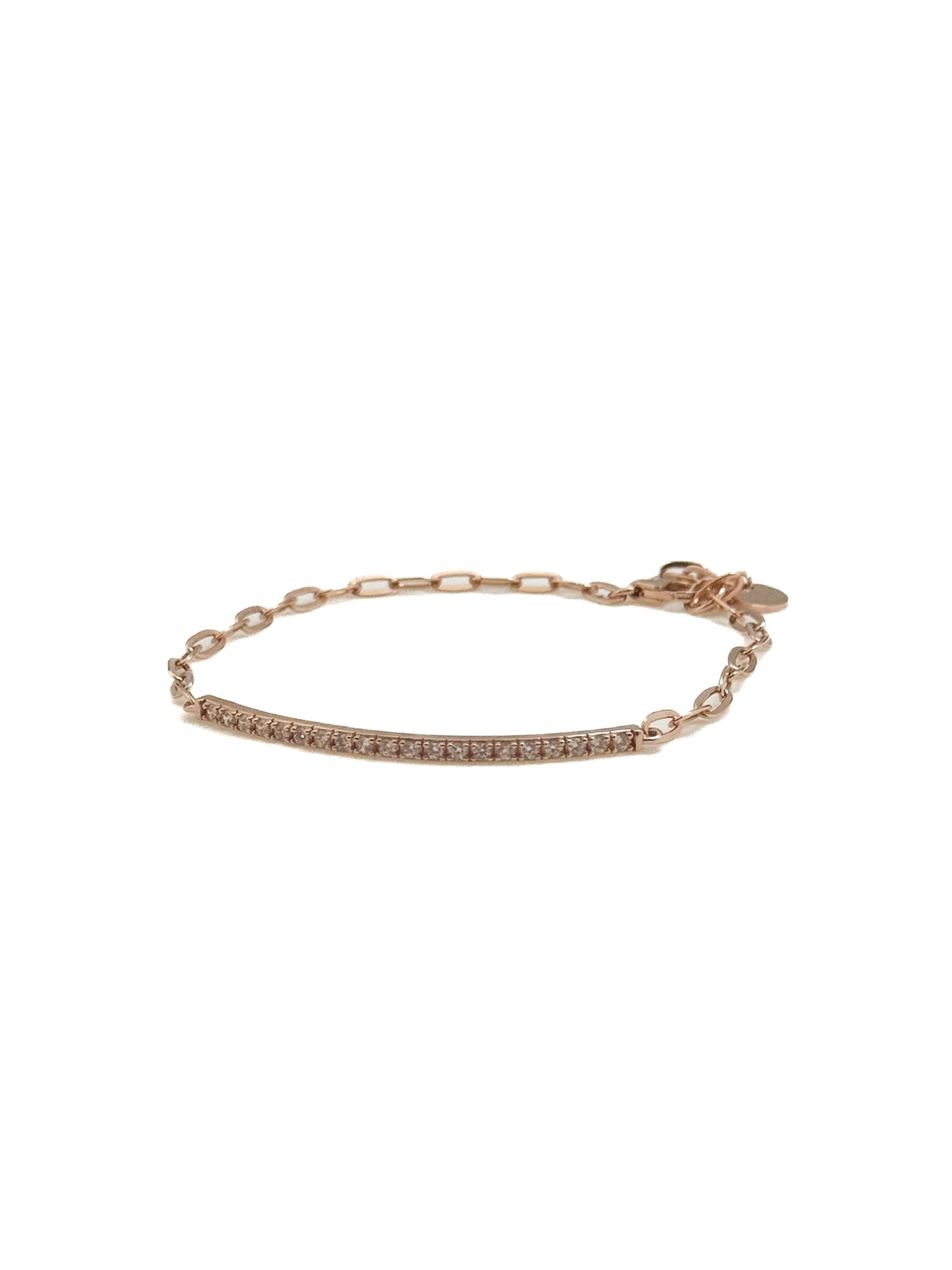 Rose gold plated sterling silver pavé bar bracelet photographed on a white background