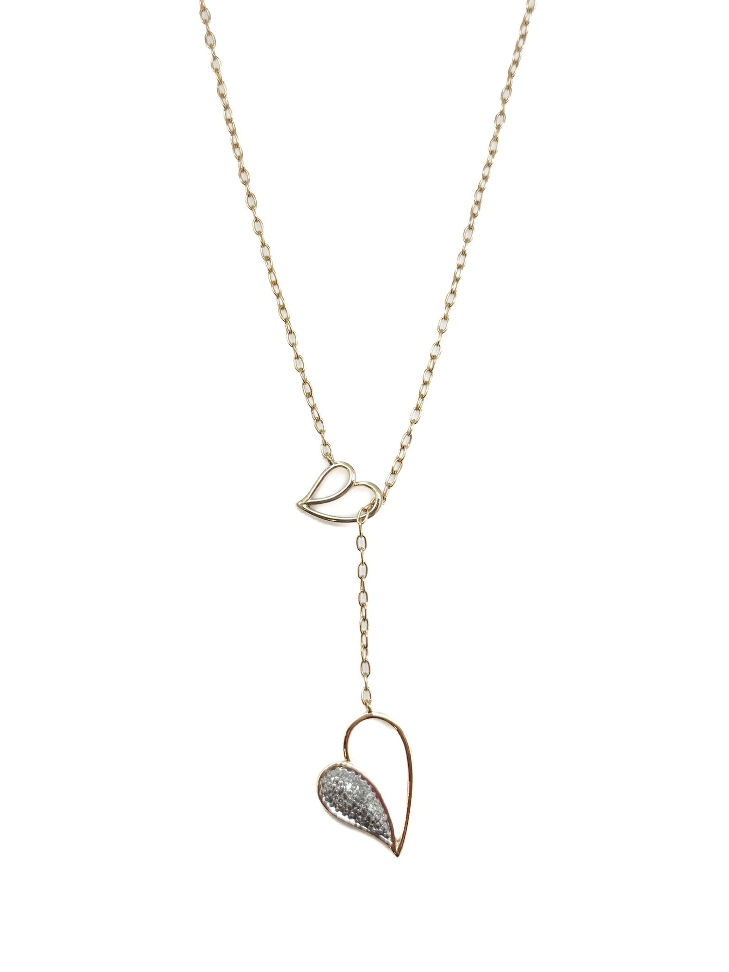 Gold plated sterling silver lariat necklace with pavé drop pendant photographed on a white background