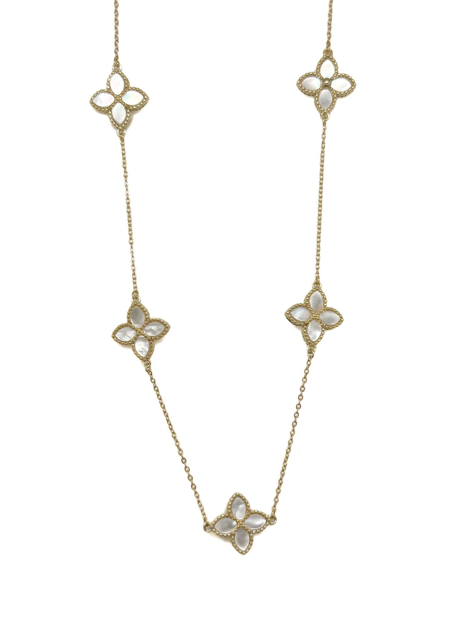 Sylvia mother of pearl gold over sterling station necklace with floral motifs on gold chain
