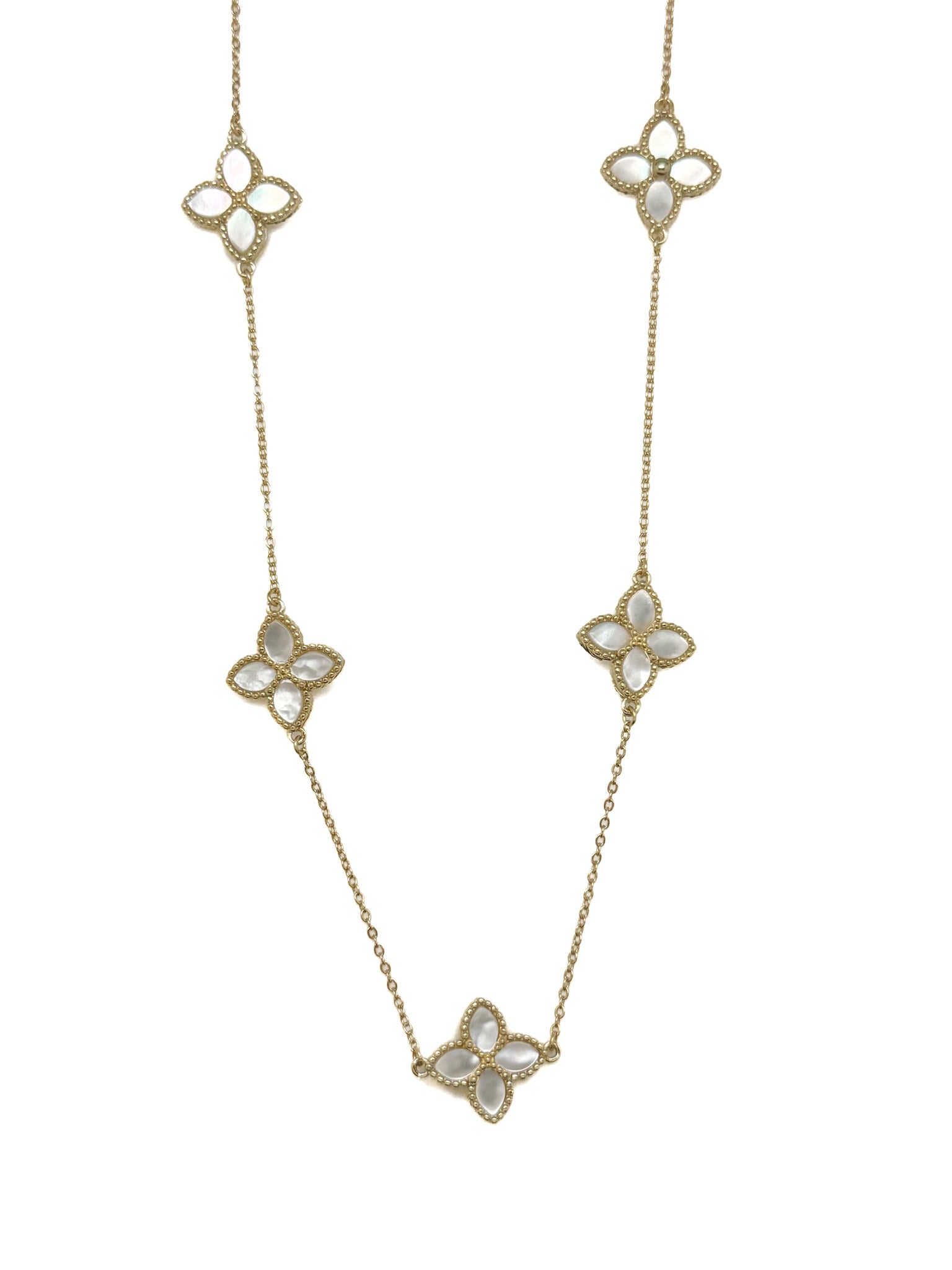 Sylvia mother of pearl gold over sterling station necklace with floral motifs on gold chain