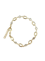 Gold chain bracelet with interlocking links on a white background