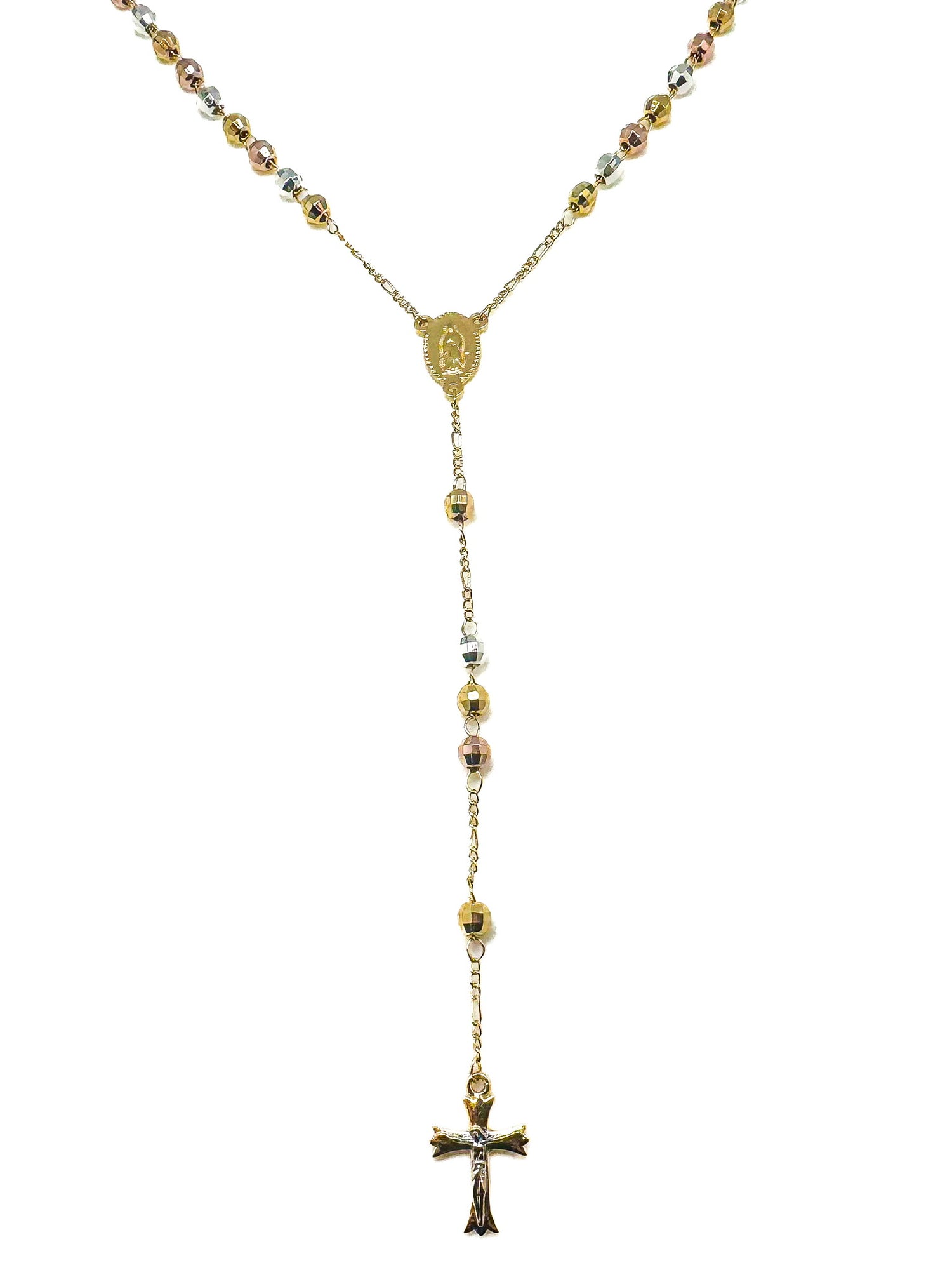 Gold necklace with beads and a cross pendant on a white background