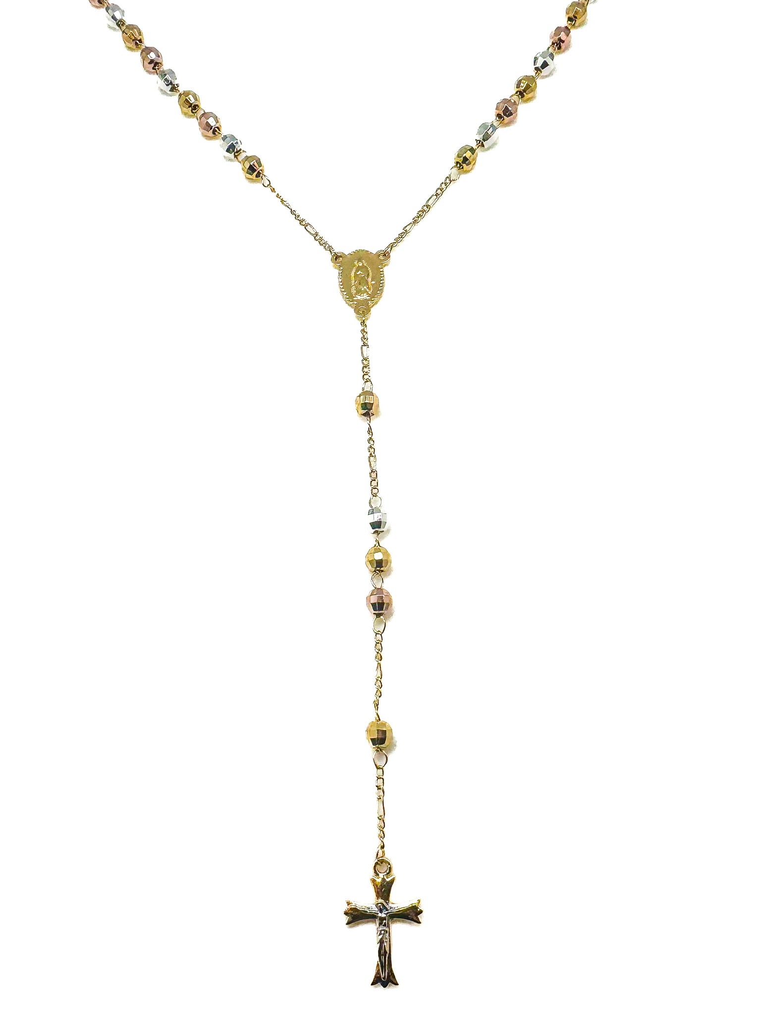 Gold necklace with beads and a cross pendant on a white background