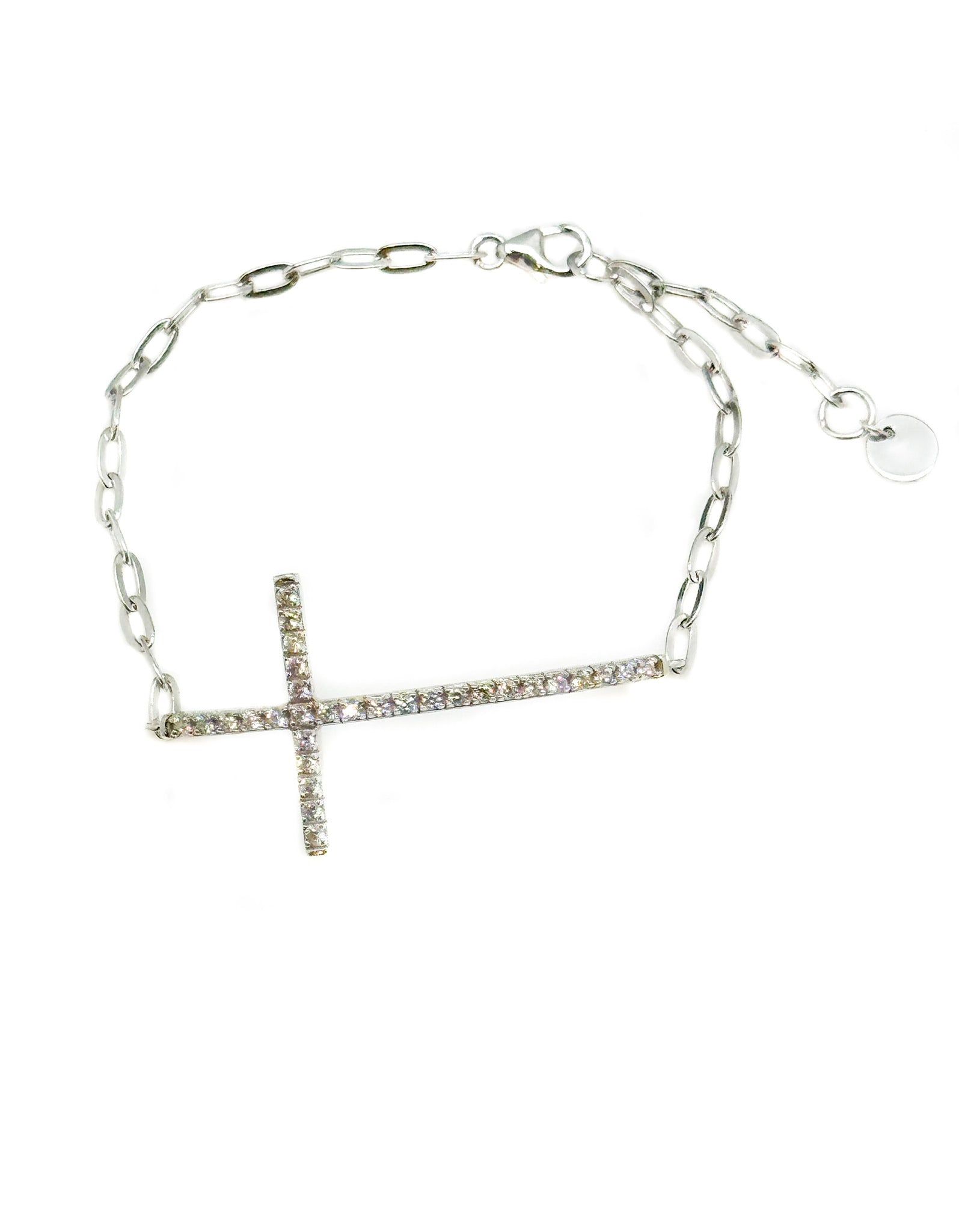 Silver bracelet with a cross design on a white background