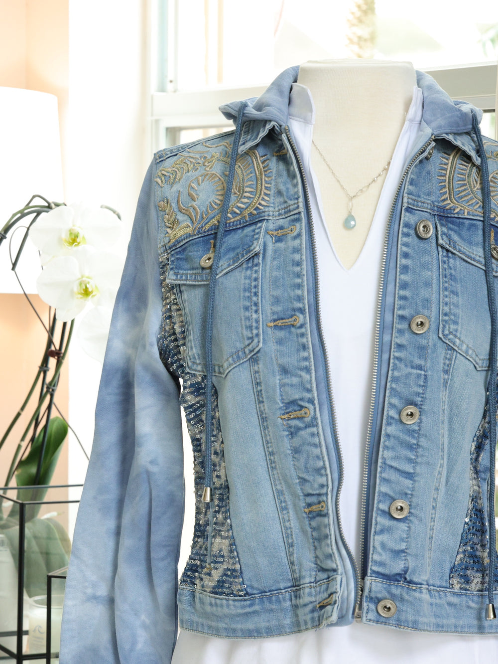 Hoodie Denim Jacket with sequins panels and embroidery 