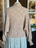 Back view of brown open-knit cardigan featuring a textured diamond pattern, relaxed sleeves and ribbed hem at Ardor Boutique.
Updated SEO