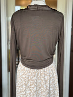 Back view of brown lightweight long sleeve cardigan showing its soft, relaxed drape at Ardor Boutique.