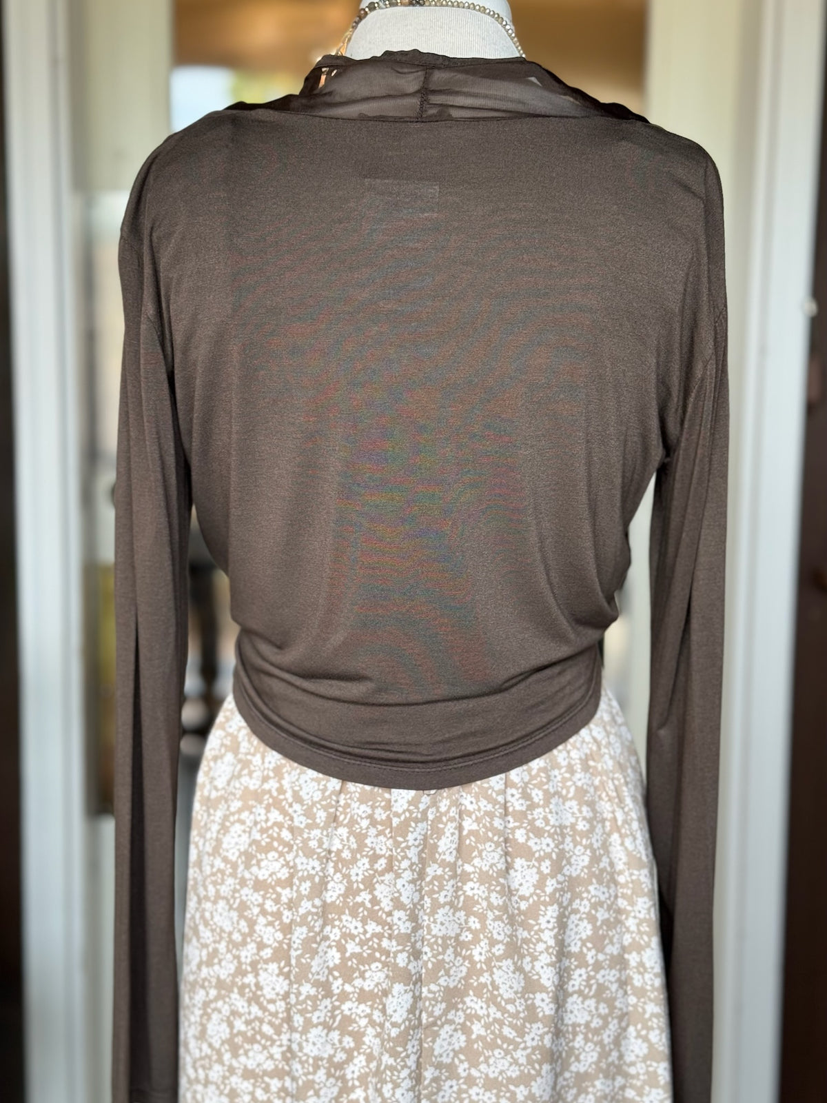 Back view of brown lightweight long sleeve cardigan showing its soft, relaxed drape at Ardor Boutique.
