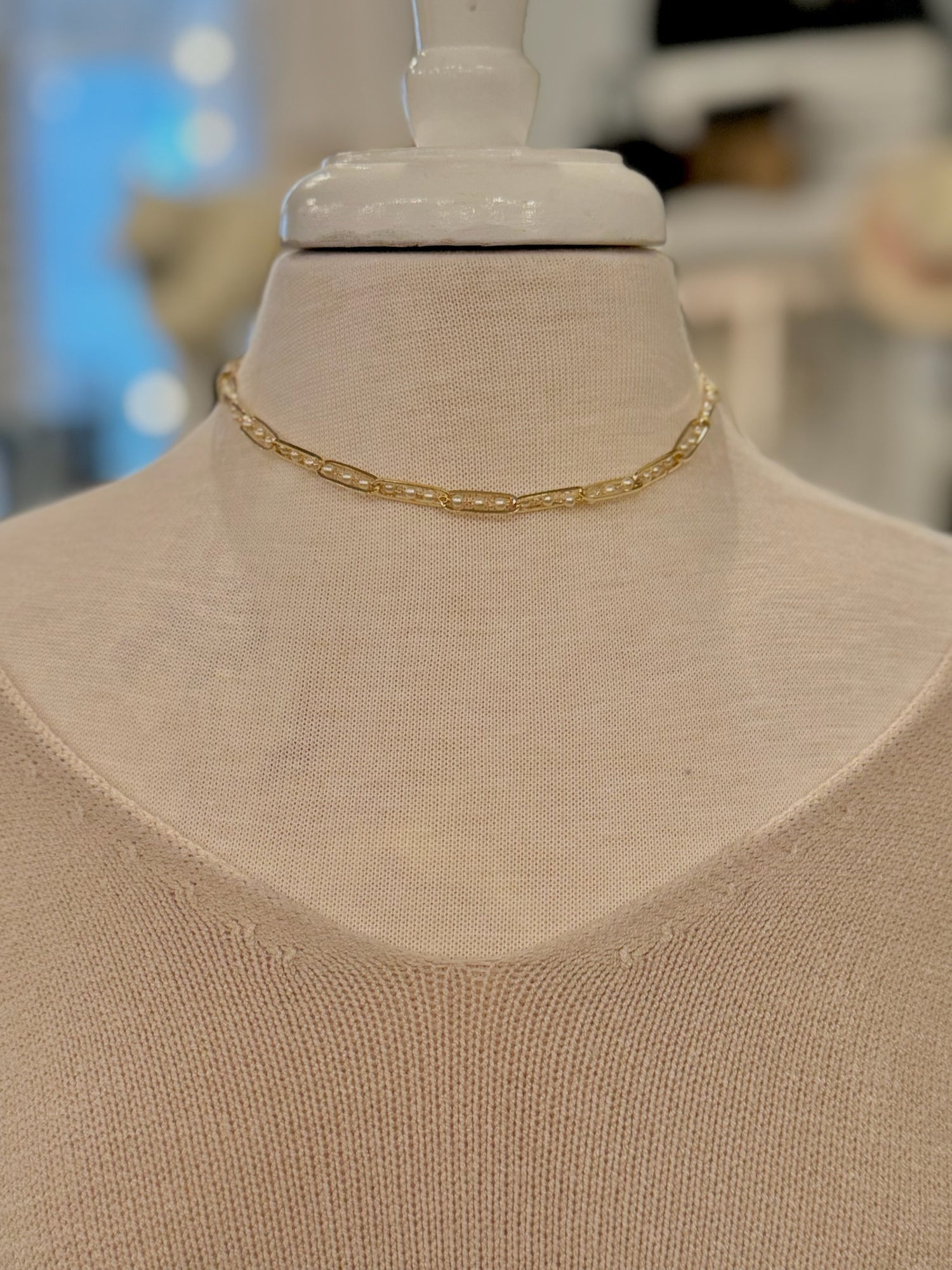 Elodie Pearl Link Necklace — elongated gold links with petite pearl accents, 18kt gold plated over sterling silver