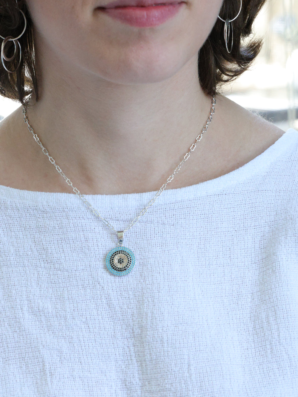 Pave Shades of blue gold round necklace -silver