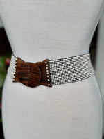 Back view of ivory beaded stretch waist belt showing the wide flexible multi-row bead design at Ardor Boutique.
