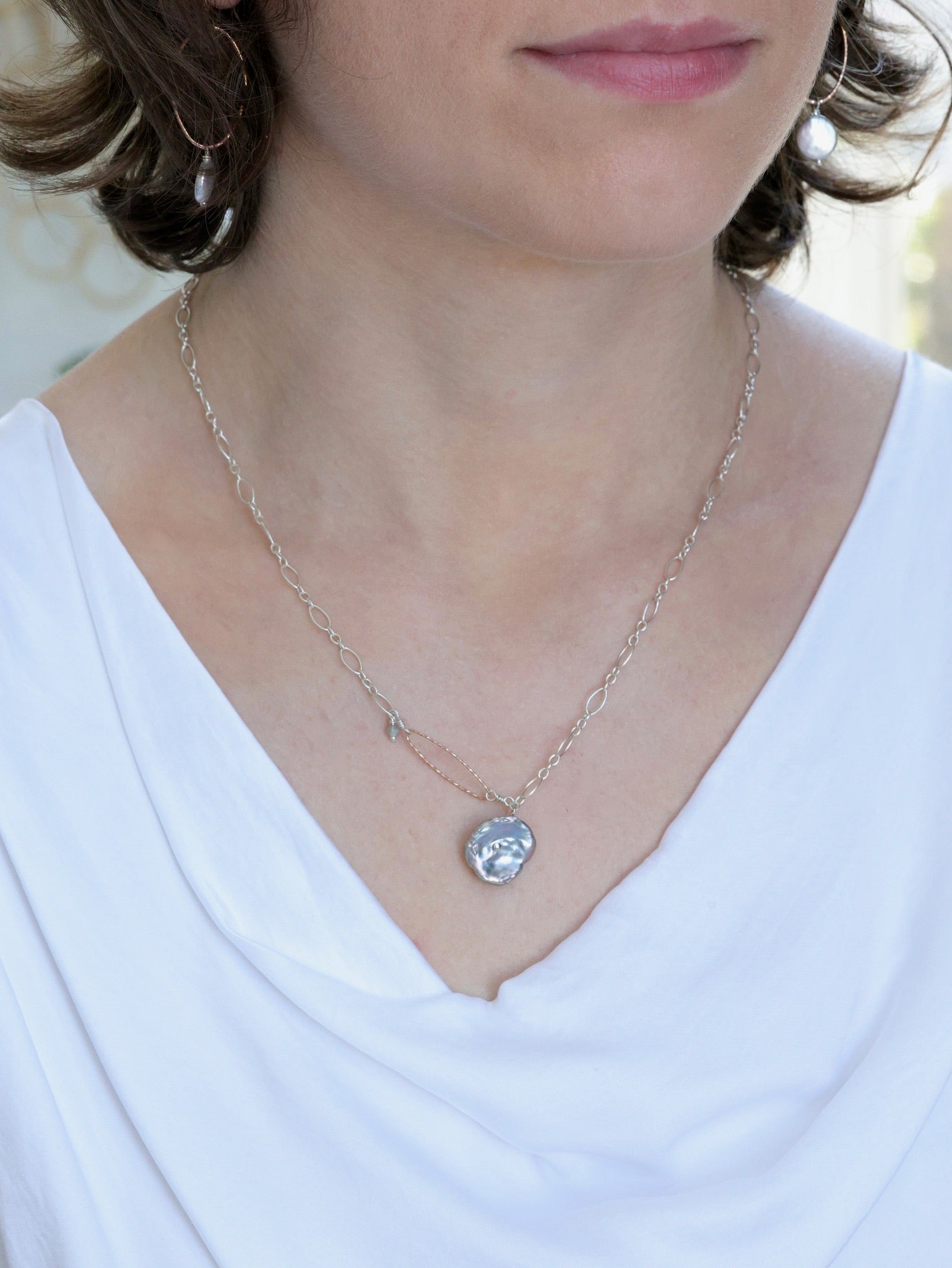 Grey Pearl earrings paired with Veronica necklace