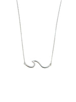 sterling silver wave pendant necklace on a fine chain, product photo on white background.