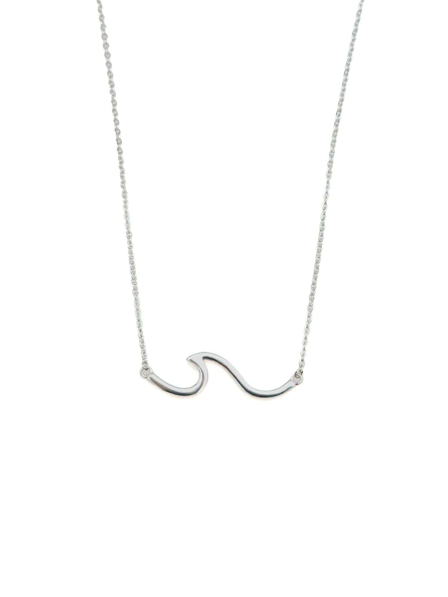 sterling silver wave pendant necklace on a fine chain, product photo on white background.