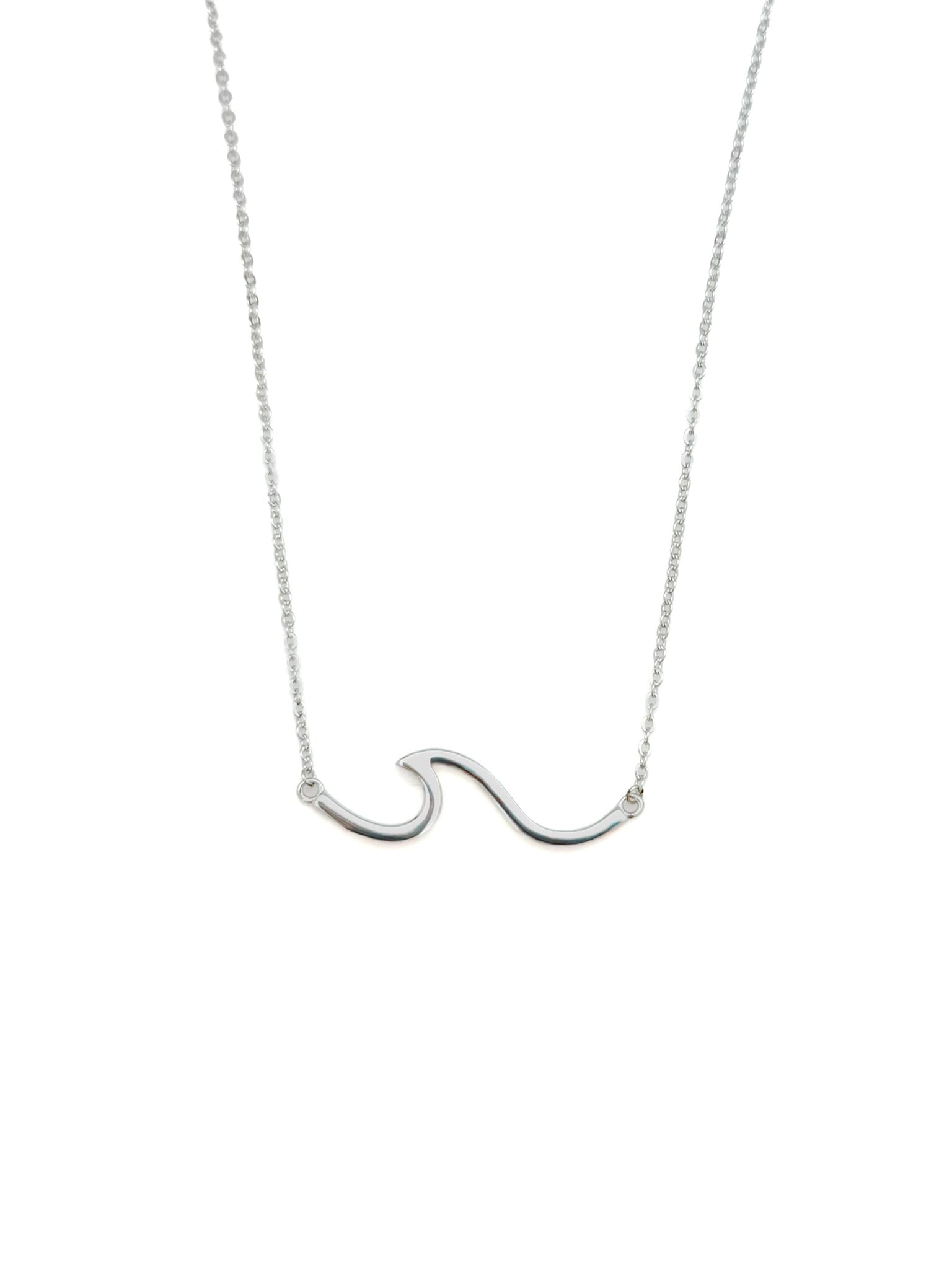 sterling silver wave pendant necklace on a fine chain, product photo on white background.