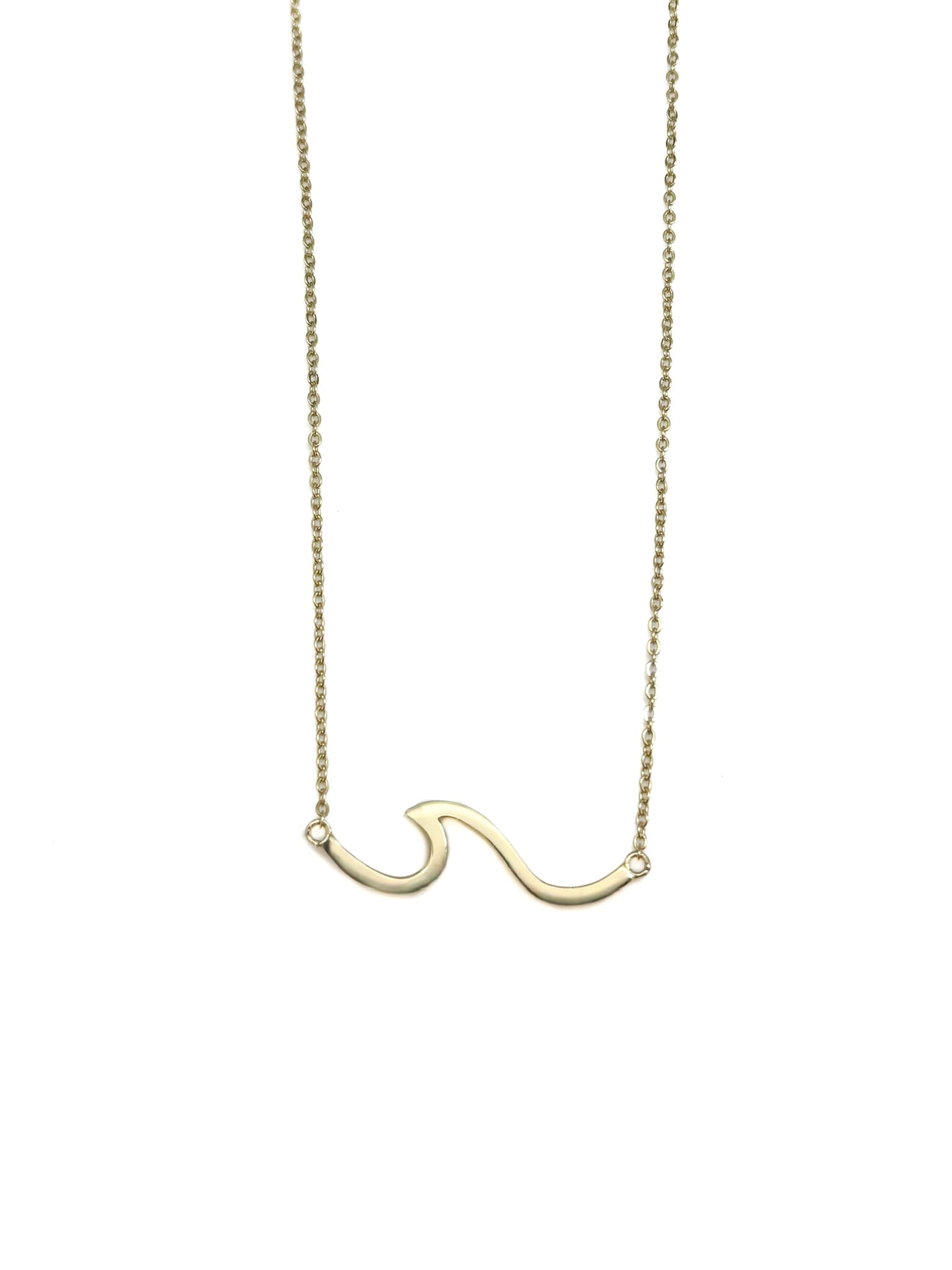 gold over sterling silver wave pendant necklace on a fine chain, product photo on white background.