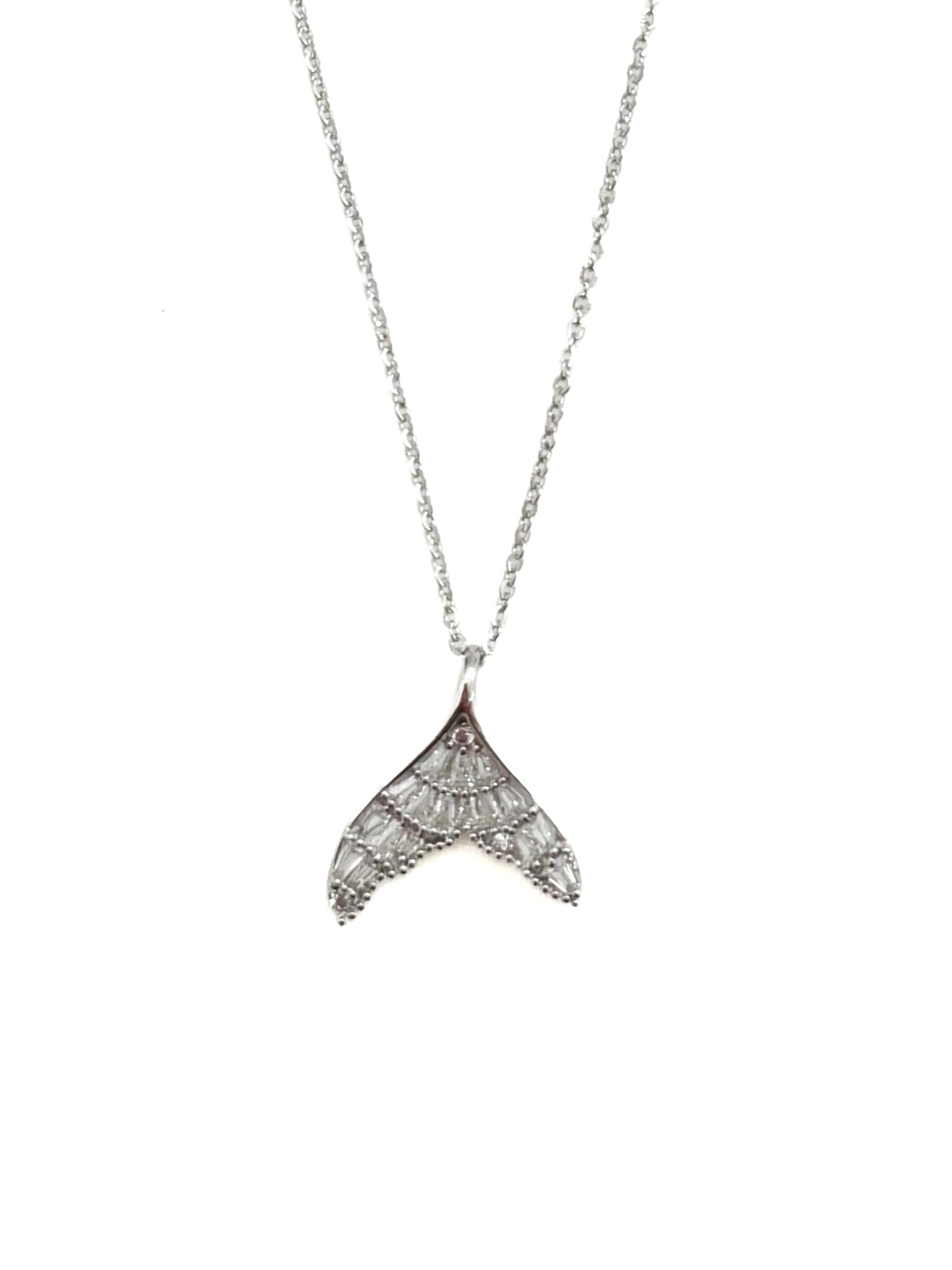 sparkly sterling silver dolphin tail pendant necklace on a fine chain, product photo on white background.