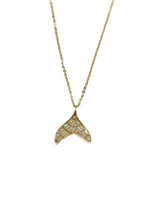 sparkly gold over sterling silver dolphin tail pendant necklace on a fine chain, product photo on white background.
