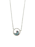 sterling silver larimar wave pendant necklace on a fine chain, product photo on white background.