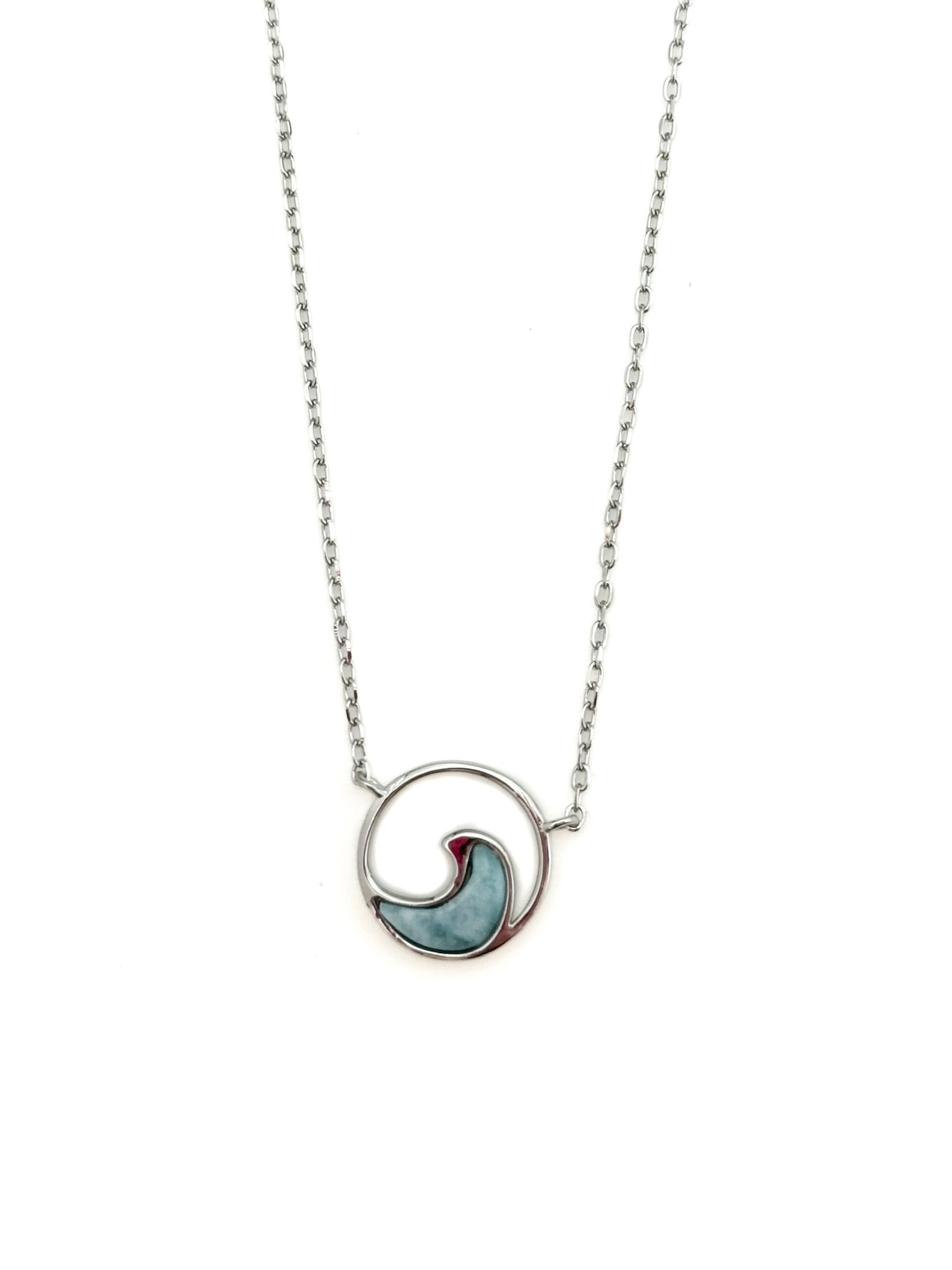 sterling silver larimar wave pendant necklace on a fine chain, product photo on white background.