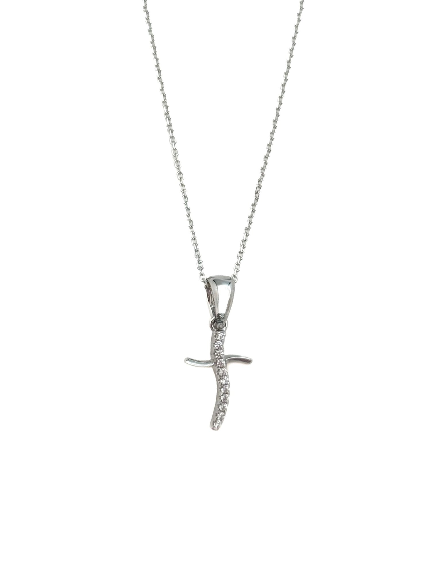 Silver cross pendant necklace on a white background