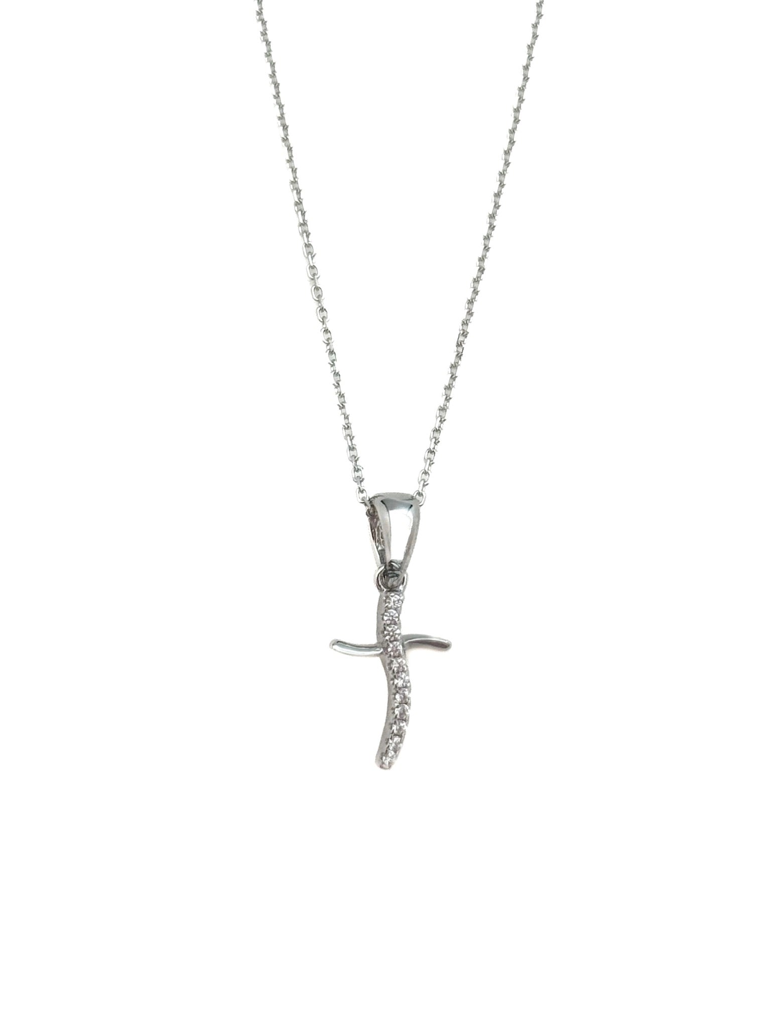 Silver cross pendant necklace on a white background