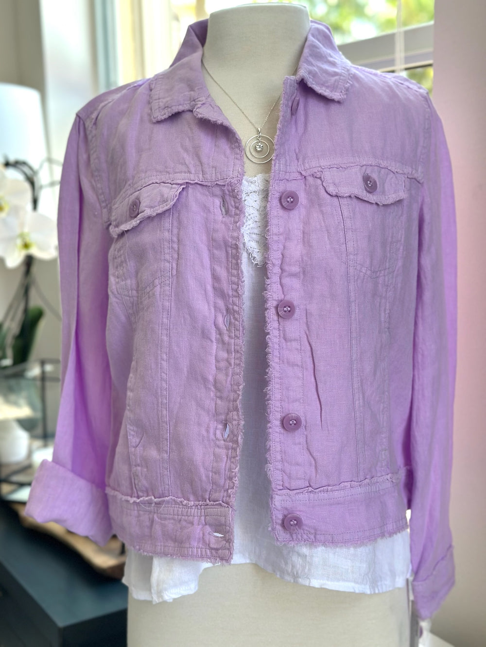 Linen Jacket Front view styled on mannequin 