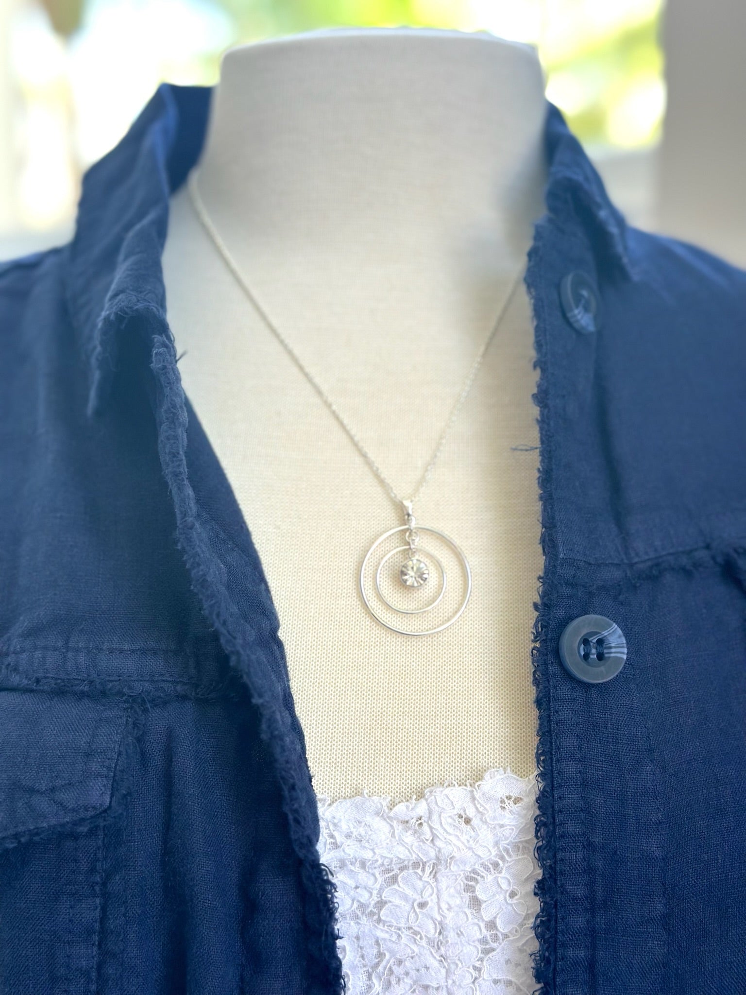 Danielle  necklace styled with linen jacket 