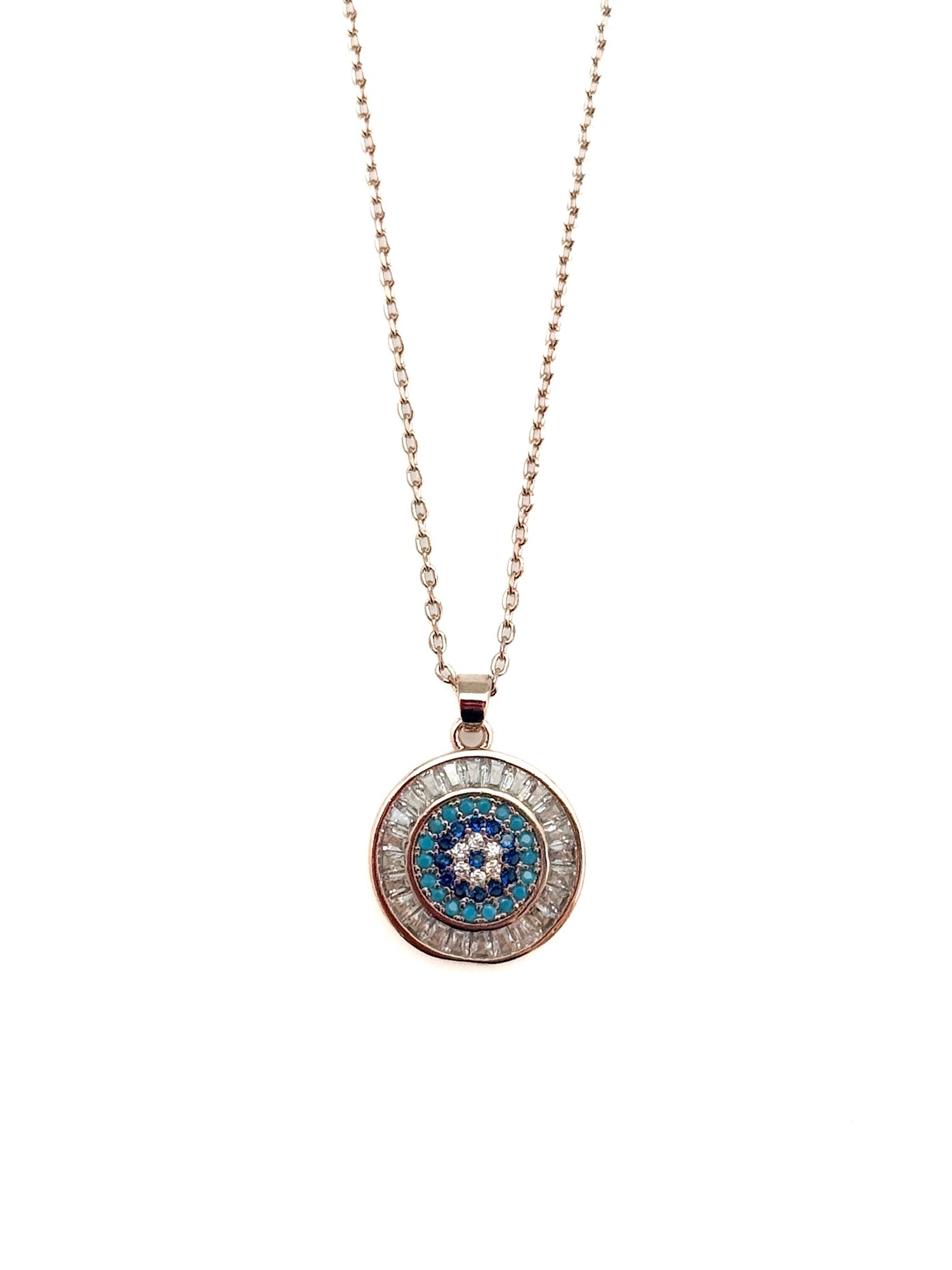 Necklace with a circular pendant featuring a blue and white design on a white background