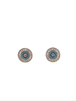 Pair of round earrings with decorative blue and gold designs on a white background