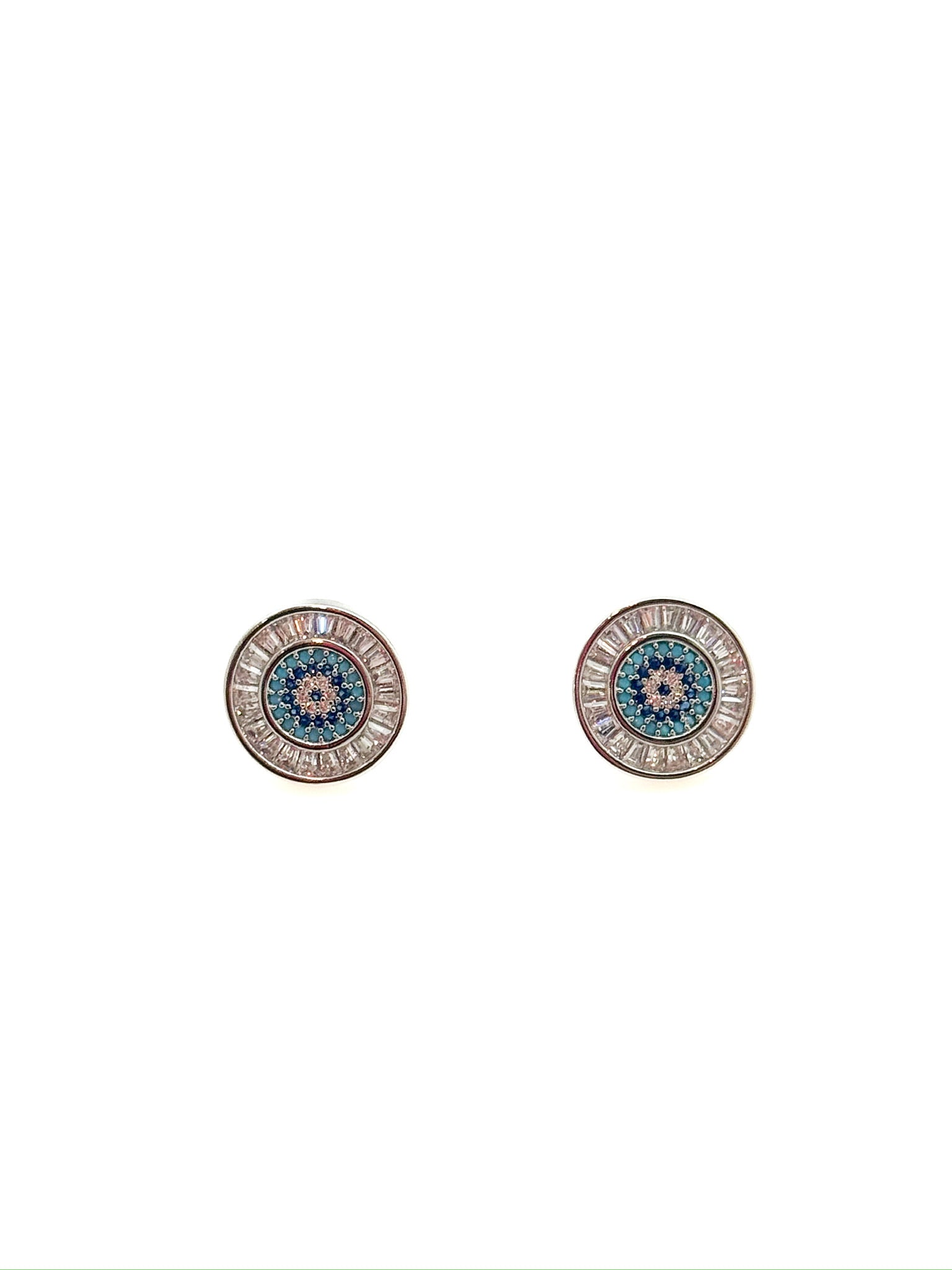 Pair of round earrings with decorative blue and gold designs on a white background