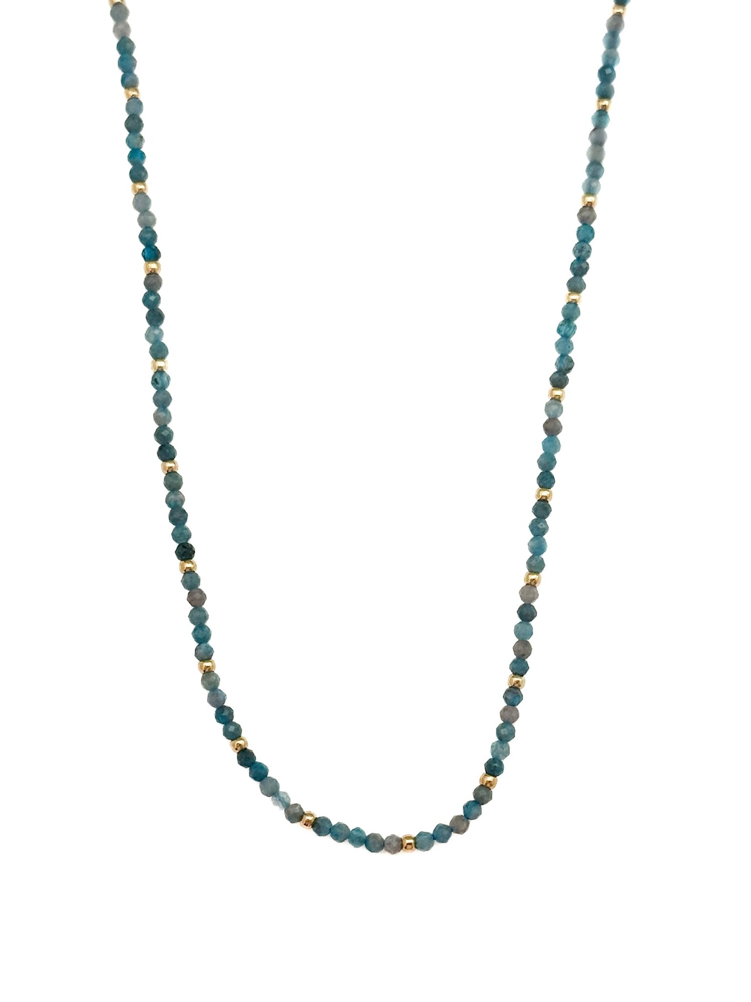 Farah Apatite Stainless Steel Necklace with faceted blue-green apatite beads and gold accents on white background.