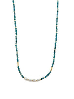 Apatite Stainless Steel Necklace with faceted blue-green apatite beads, pearl center section, and stainless steel details on white background.