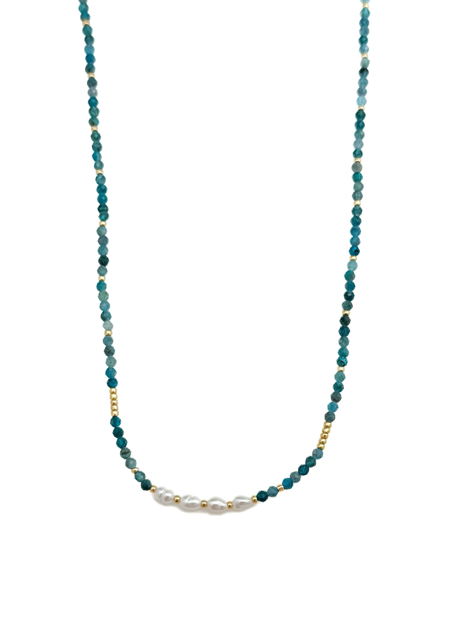Apatite Stainless Steel Necklace with faceted blue-green apatite beads, pearl center section, and stainless steel details on white background.