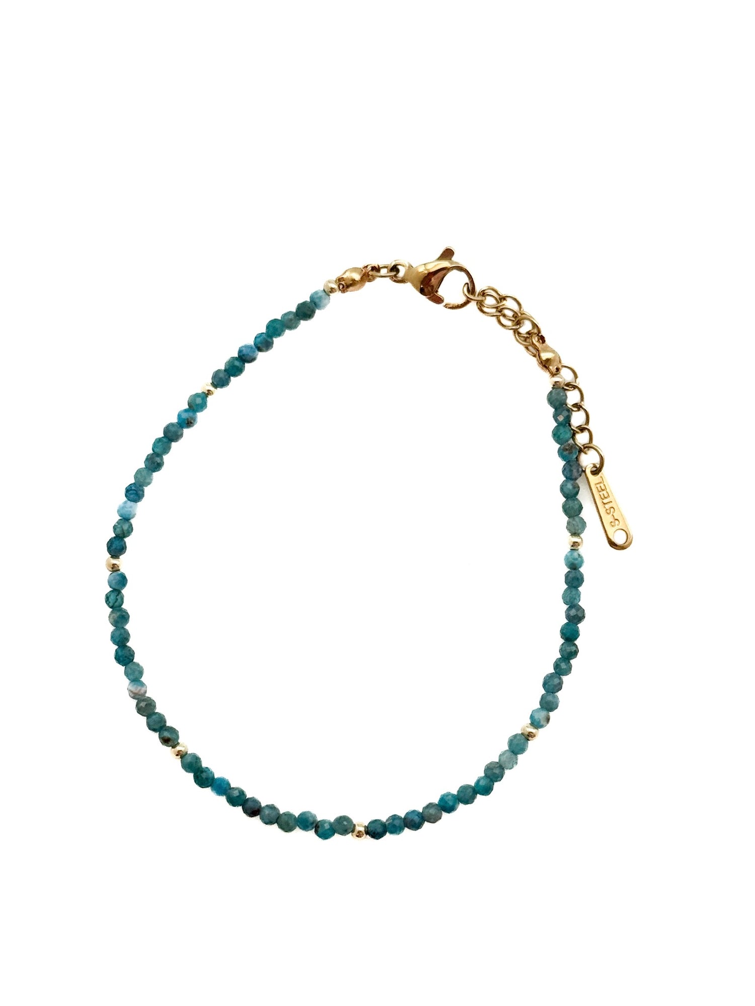 Farah Apatite and Miyuki Bead Bracelet with blue-green apatite beads, Miyuki accents, and stainless steel clasp on white background.