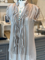 sleeveless taupe blouse