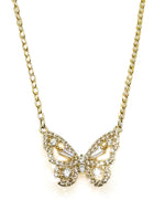 Butterfly pendant necklace with pavé stone detailing on a fine chain against a white background