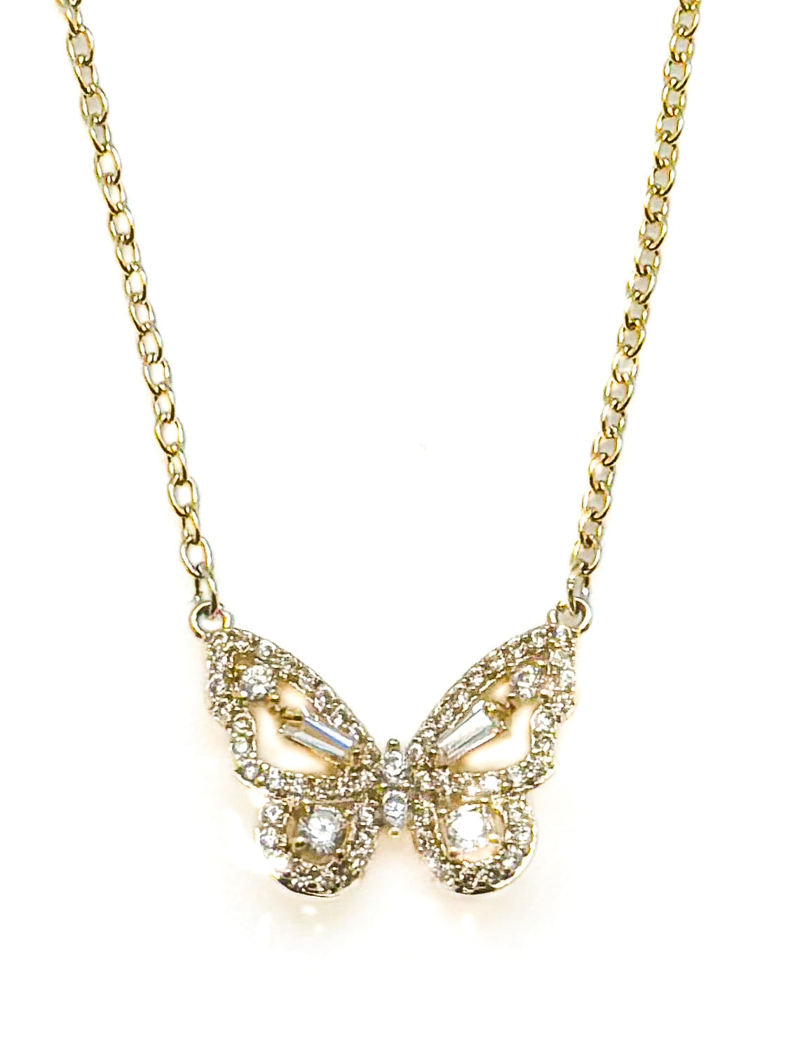 Butterfly pendant necklace with pavé stone detailing on a fine chain against a white background