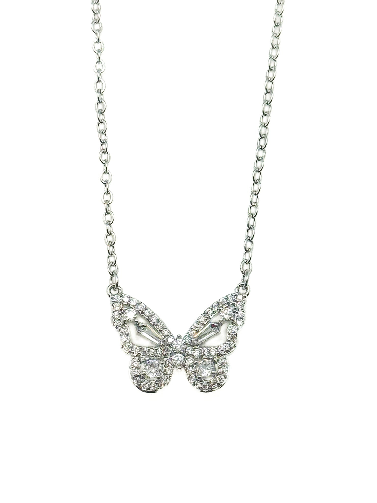 Butterfly pendant necklace with pavé stone detailing on a fine chain against a white background
