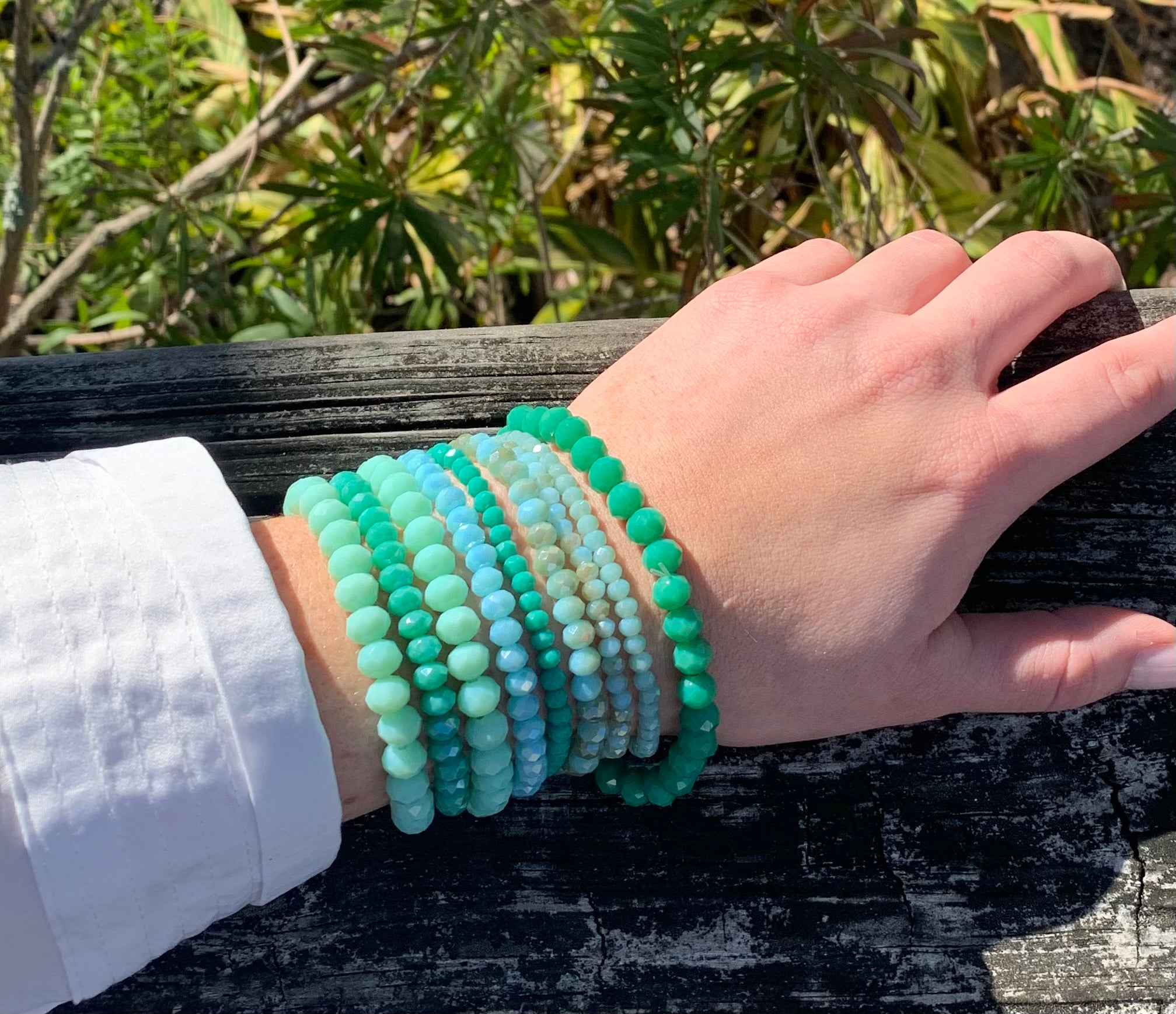 Charity Sea Green/Blue Bracelet. Stretchy, stackable on model.