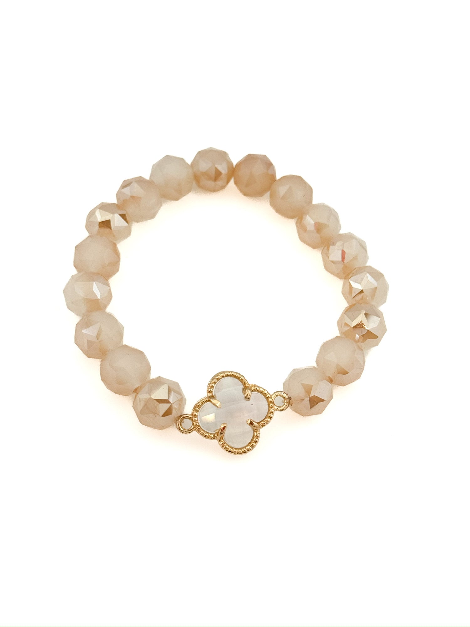 Amara Clover Bracelet with neutral faceted beads and gold-tone clover charm from Ardor Boutique