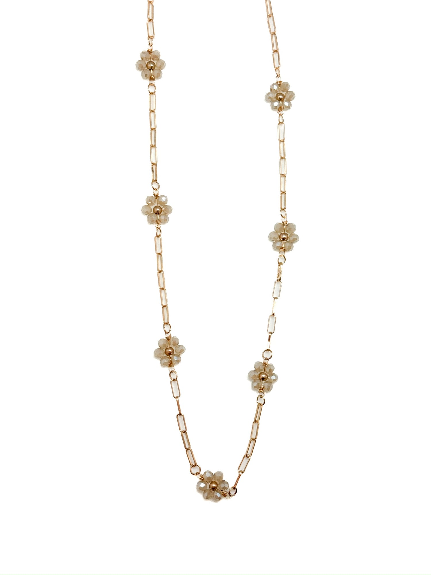 Daisy Floral Necklace in beige with gold-tone chain and beaded clusters from Ardor Boutique