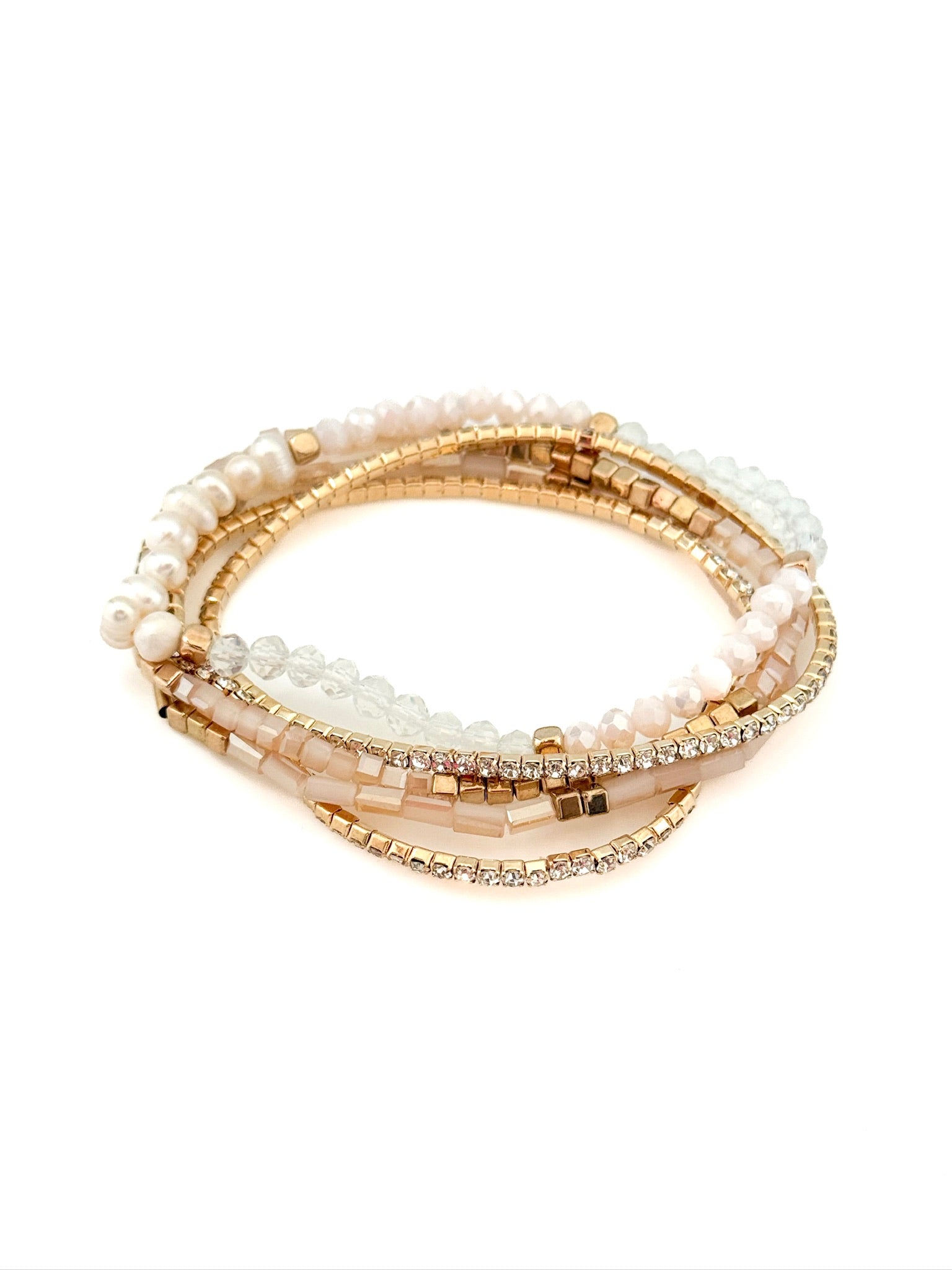 Amelie Bracelet Stack with pearl, blush, crystal, and gold beads from Ardor Boutique