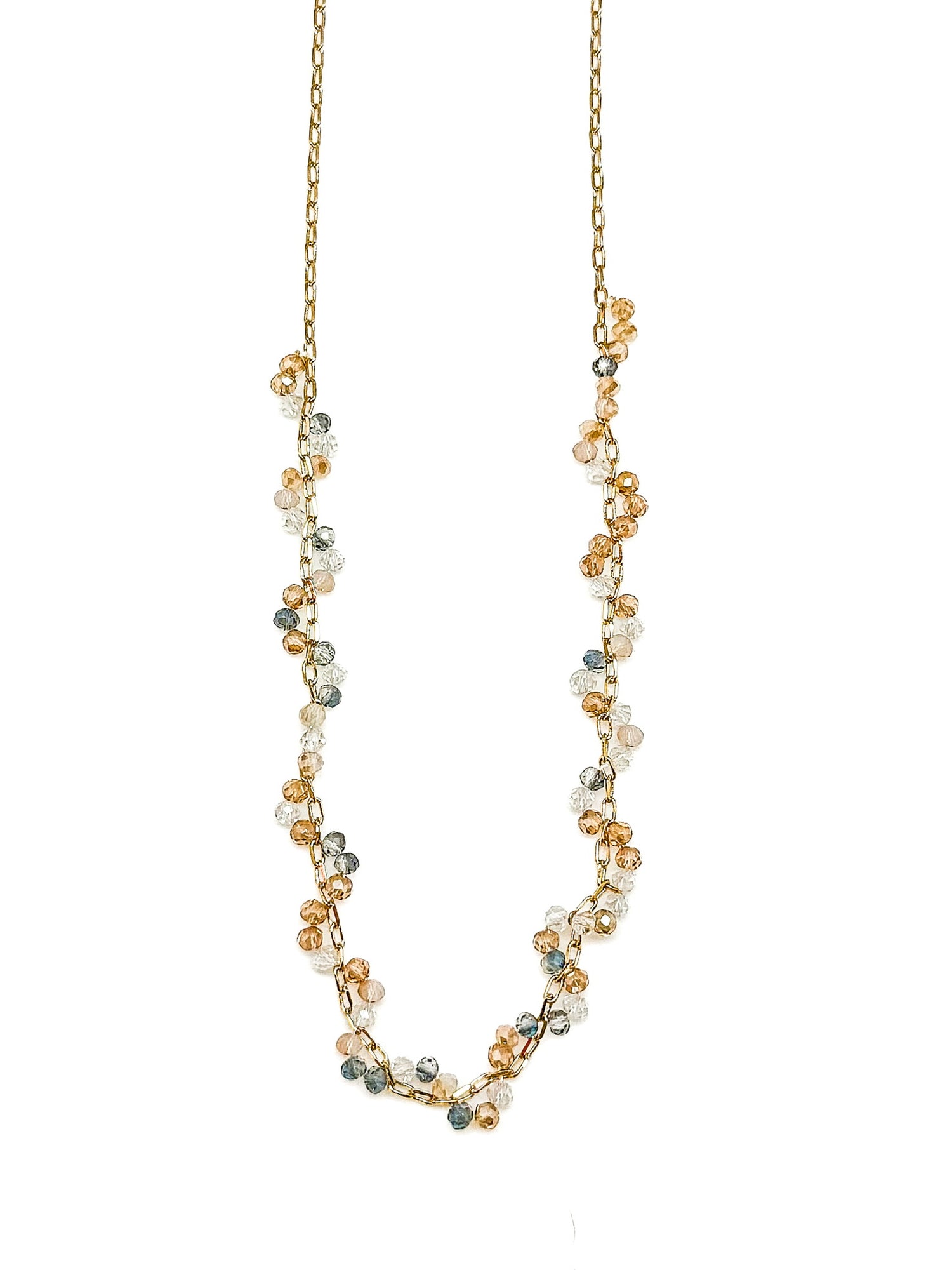 Necklace with multicolored beads on a white background