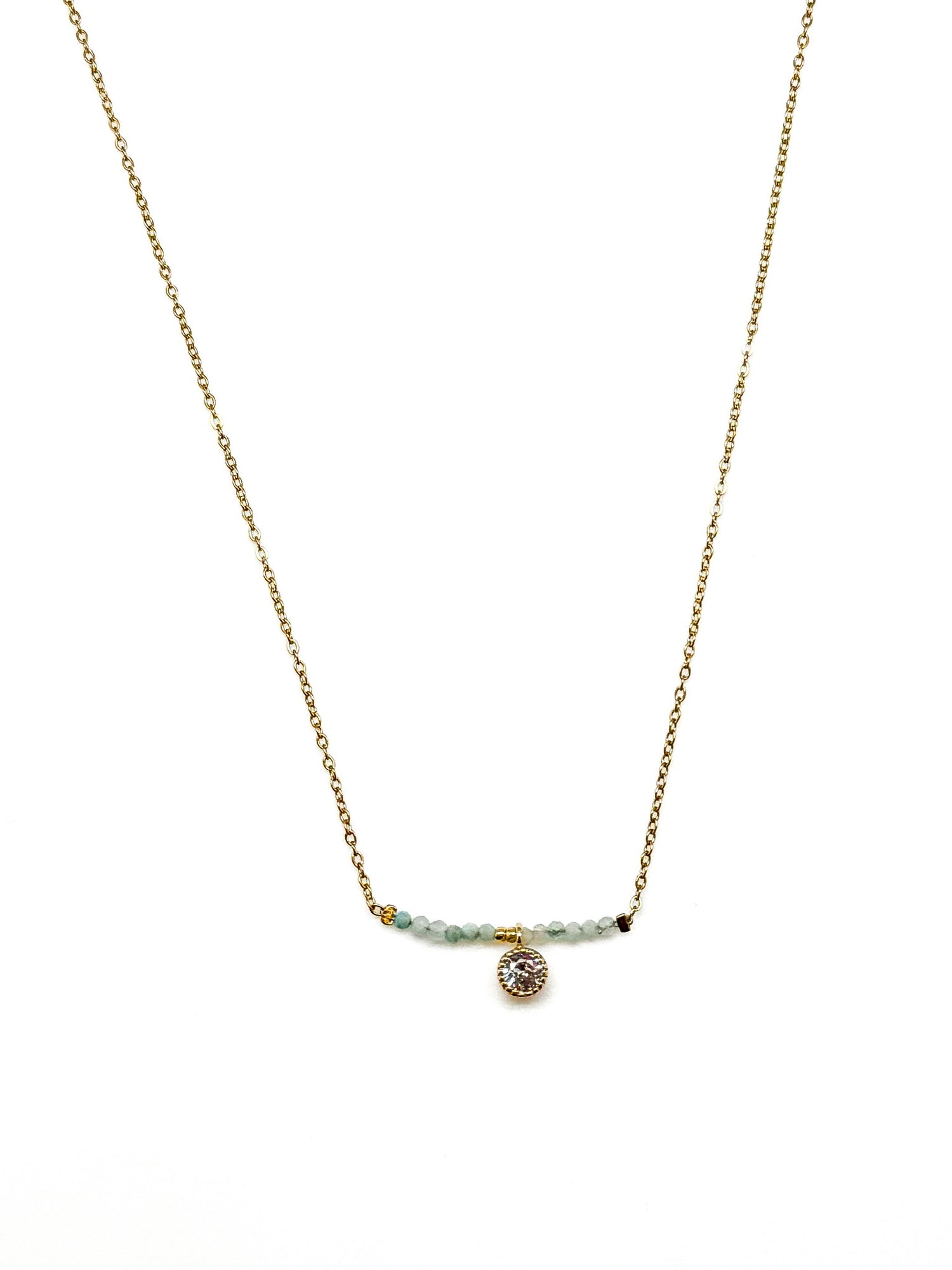 Ava Amazonite and Miyuki stainless steel necklace with light blue beads and a small crystal charm on a gold-toned chain.