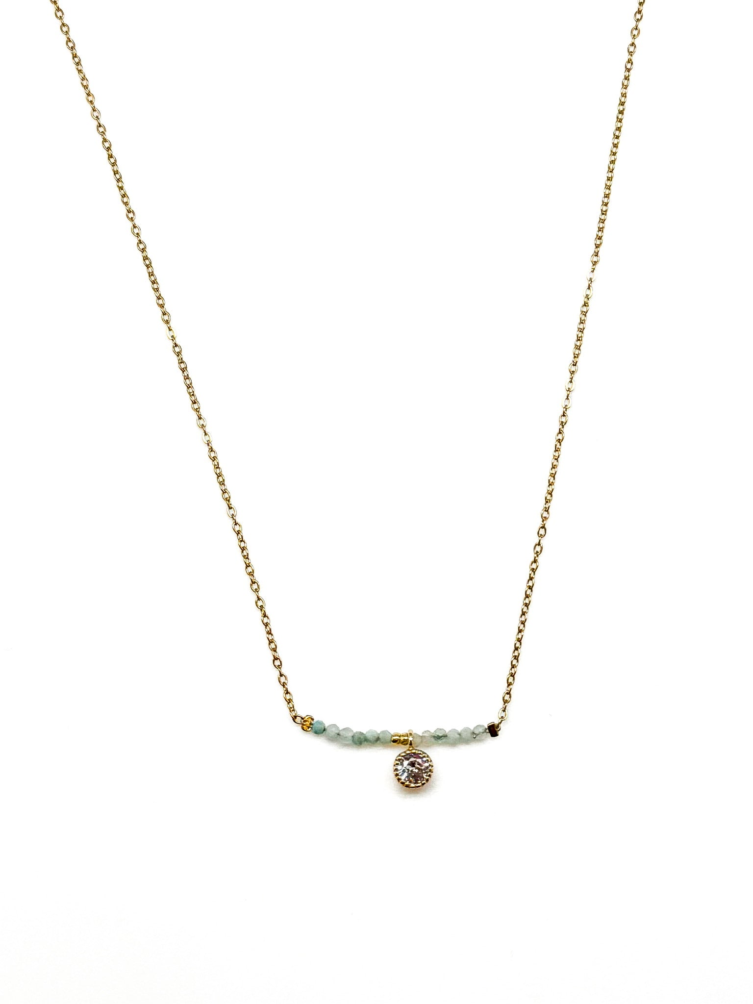 Ava Amazonite and Miyuki stainless steel necklace with light blue beads and a small crystal charm on a gold-toned chain.