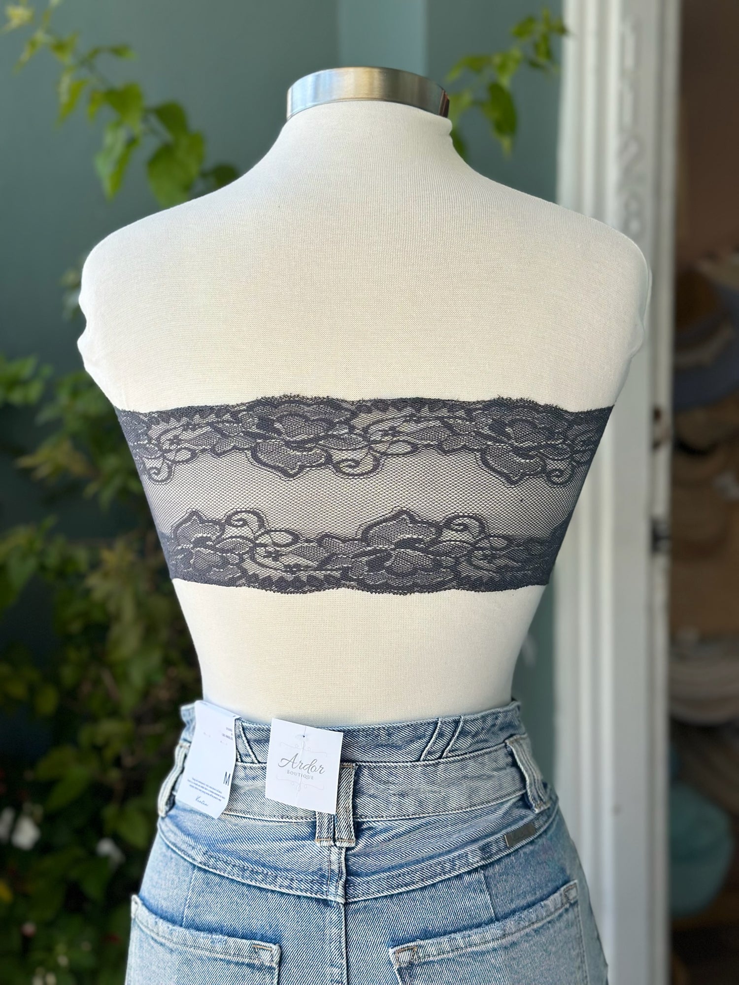 back of dark grey lace bandeau