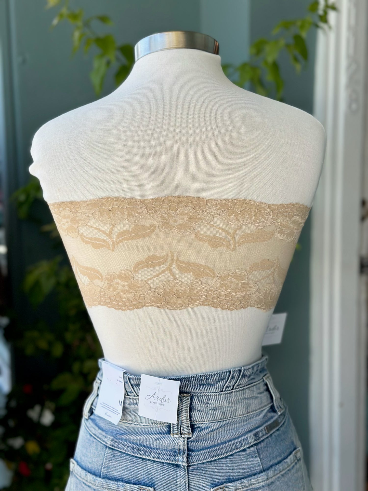 back of beige lace bandeau