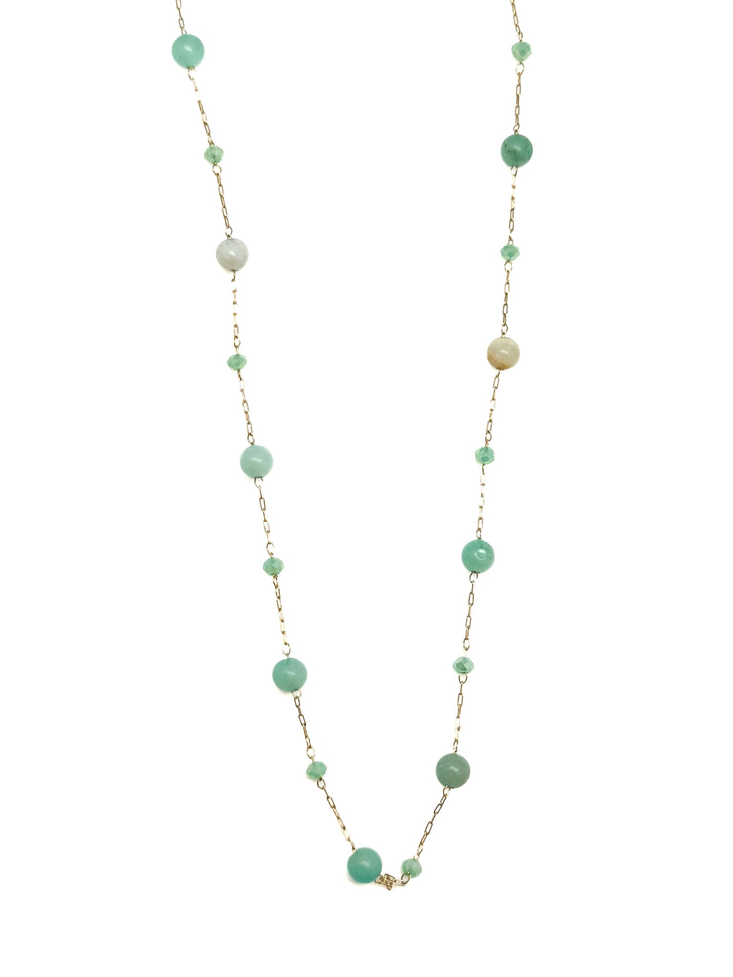 Long gold chain necklace with green and aqua beads on a white background